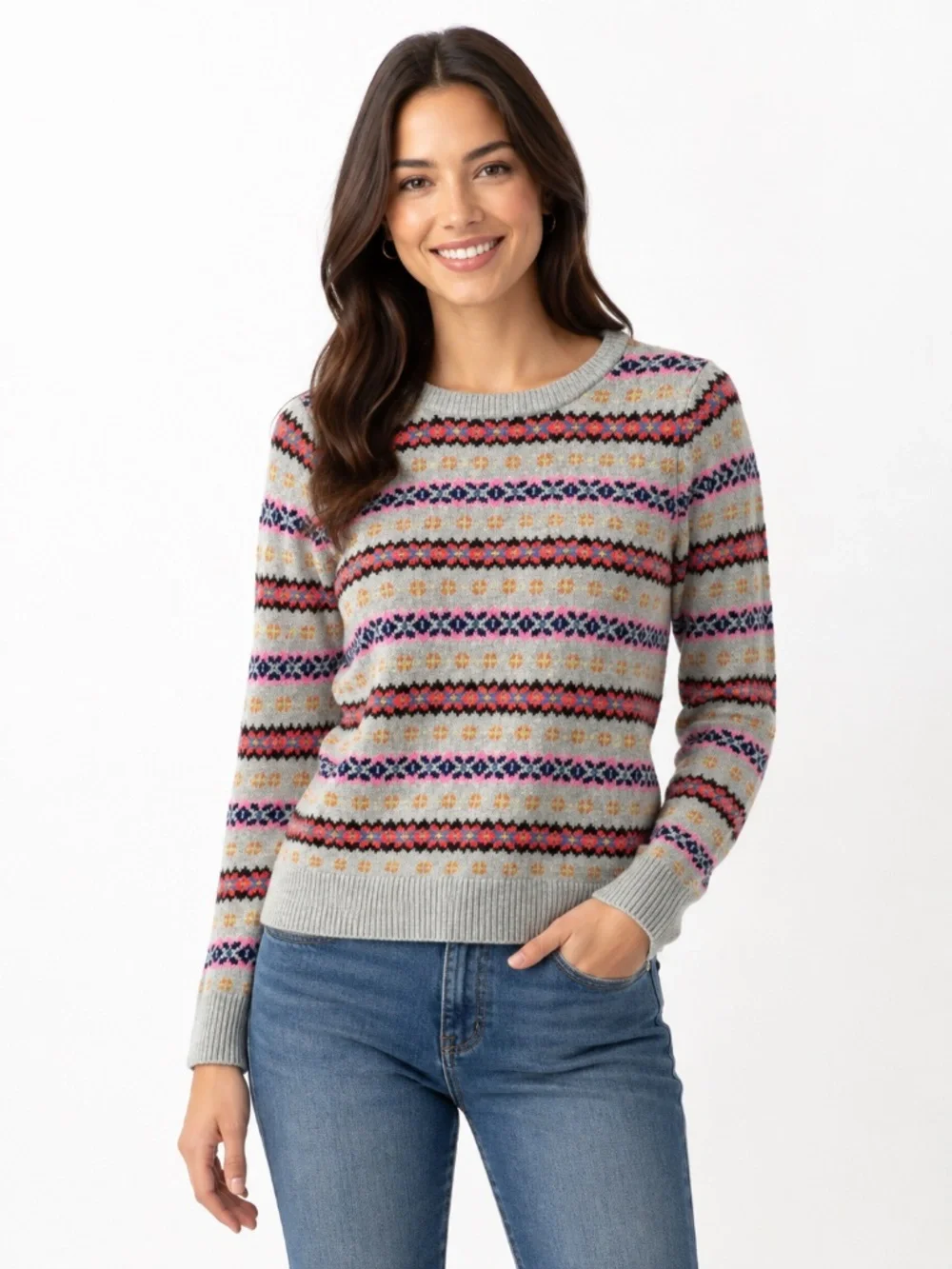 J Crew grey, multicolored Fair Isle pull over sweater.
